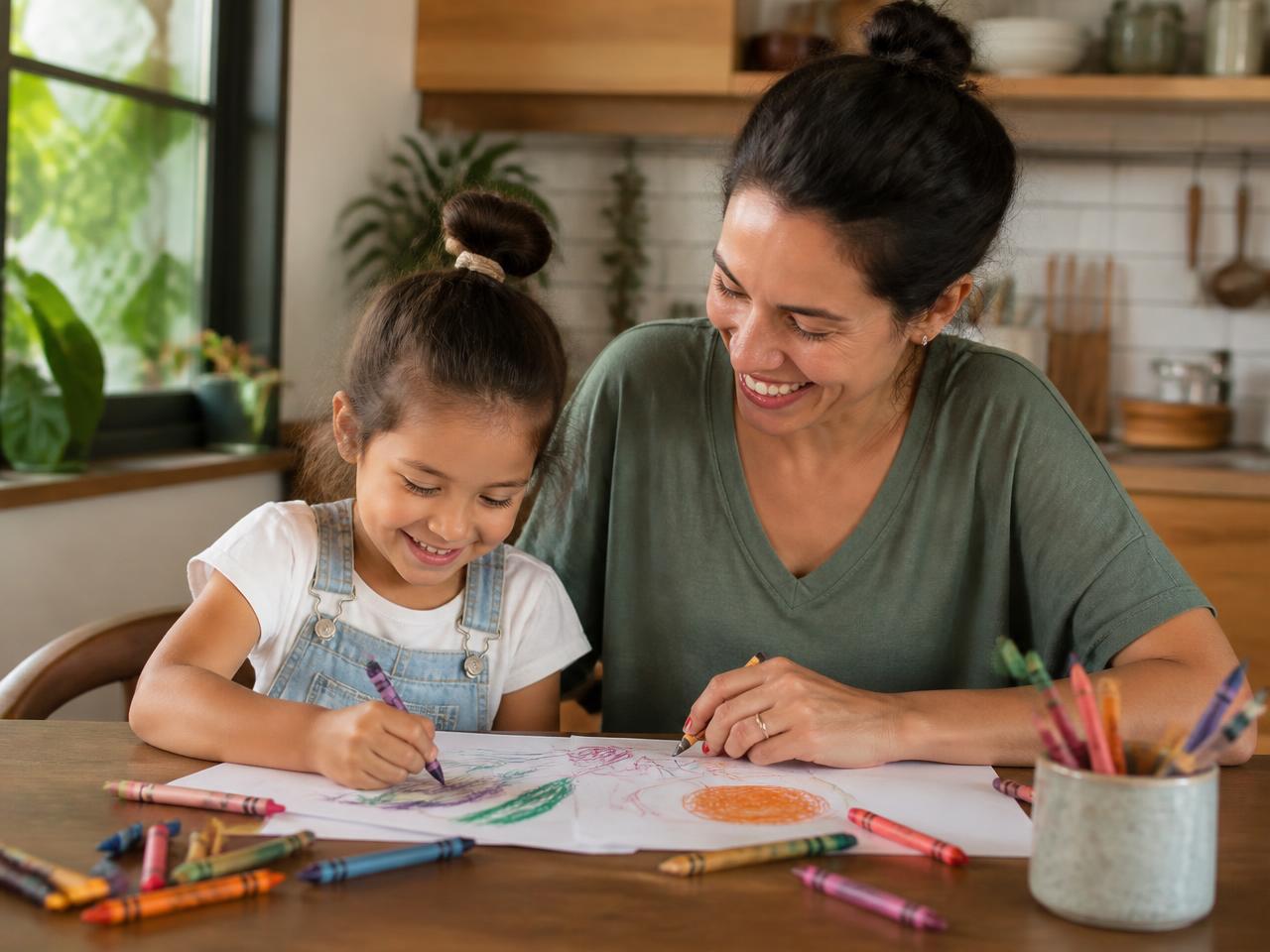 Mãe e filha desenhando juntas na mesa da cozinha